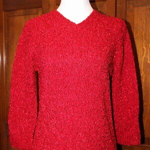 Cranberry red sweater top, 3/4 sleeve, v-neck